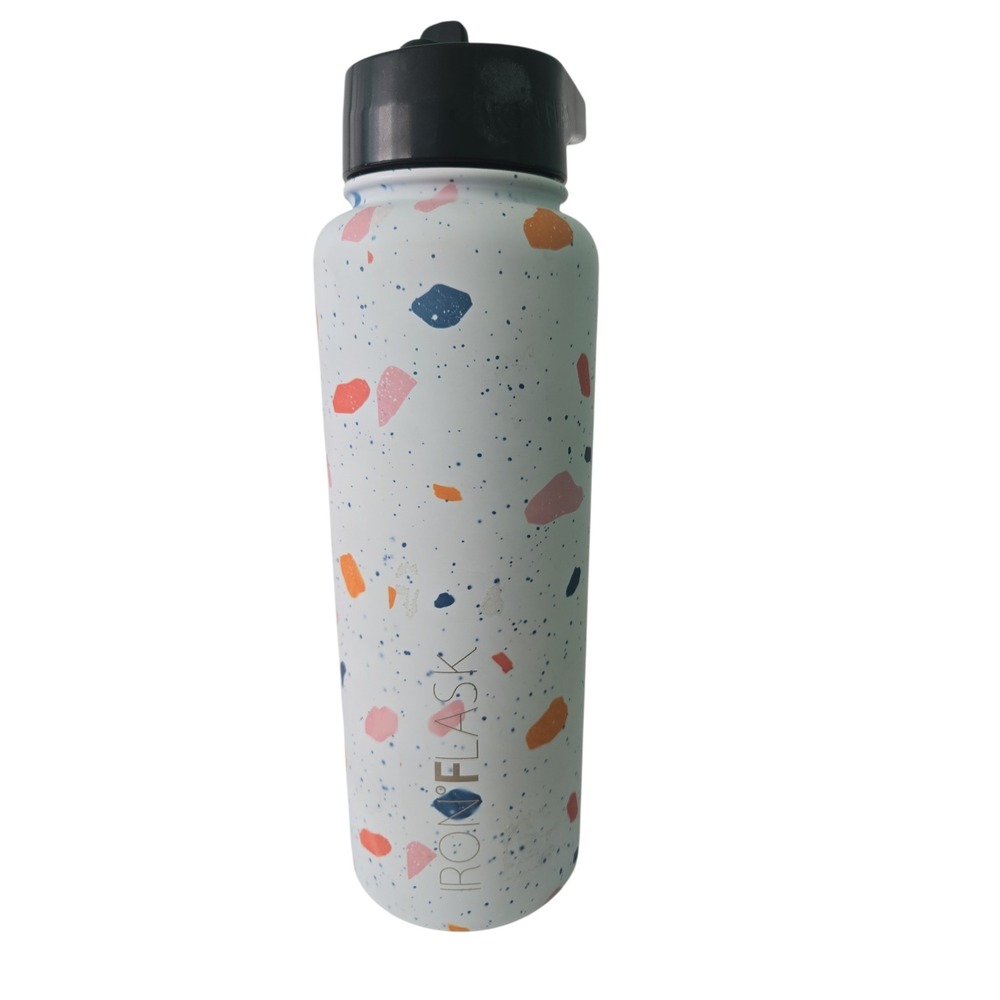 Iron Flask Water Bottle Terrazzo Print 40oz Stainless Steel Tumbler Black Lid‎
